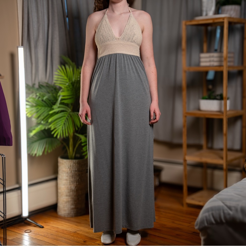 Surf Gypsy Pink and Gray Halter Maxi Sundress